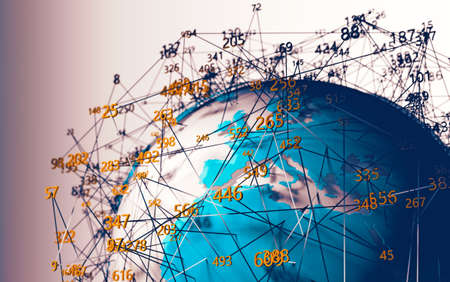 Technology and communication for analytics and data management in internet.3d illustration.World map...