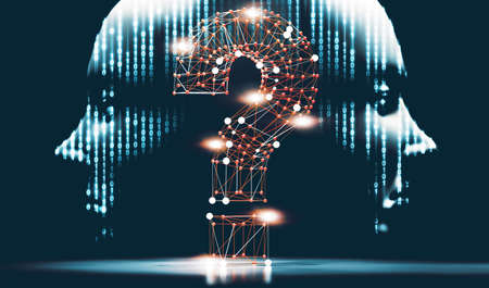 Networking and communication questions for cyber security.Cyborg head and binary code.3d illustration.Question mark and concept of science and technology. Questions and answers on the Internet.の写真素材