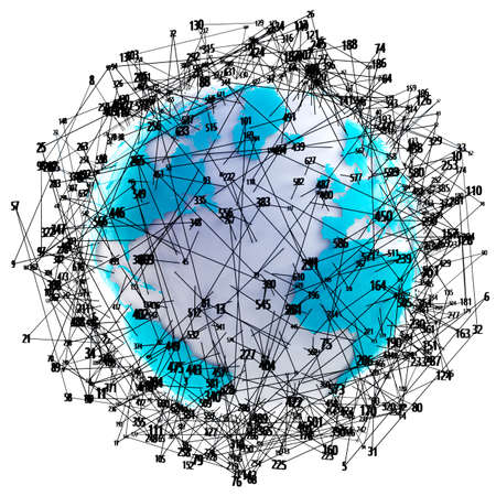 Technology and communication for analytics and data management in internet.3d illustration.World map...