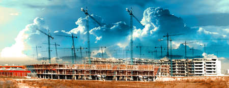 Construction and real estate industry. Sunset and foundation structure of houses.の写真素材