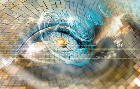 Closed plane of cyborg eye or robot and retina or iris scanner.Science and technology backgroundの写真素材