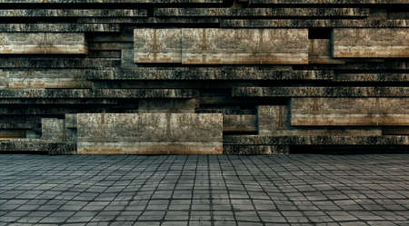 Detail of wall with cubes and geometric shapes and floor in the street.の写真素材