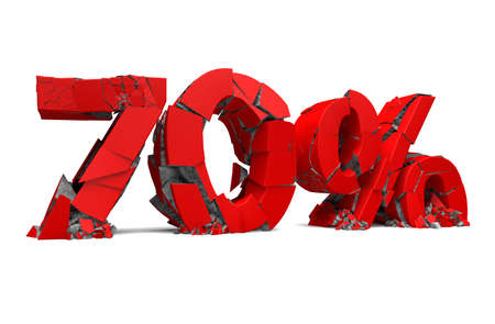Number 70 in red isolated on white and percentage sign. Breaking prices and promotionの写真素材