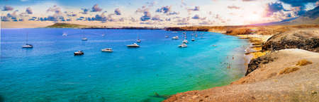 Spanish View scenic landscape in Papagayo, Playa Blanca Lanzarote ,Tropical Volcanic Canary Islands Spainの写真素材