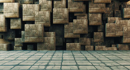 Detail of wall with cubes and geometric shapes and floor in the street.の写真素材