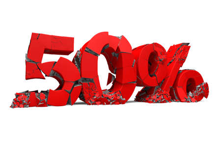 Number 50 in red isolated on white and percentage sign. Breaking prices and promotionの写真素材