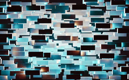 Futuristic 3d illustration of design of squares, rectangles and geometric shapes. Glowing neon lights and shiny, smooth texture.の写真素材