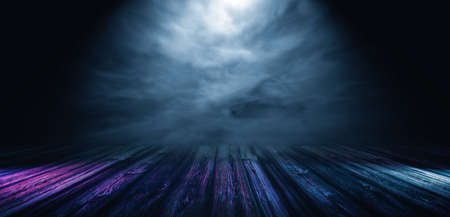 Empty space backdrop and lights.Background of old wood floor and fog in the darkness.3d illustration