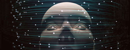 Artificial intelligence and cyborg concept with face and net. 3d illustrationの写真素材