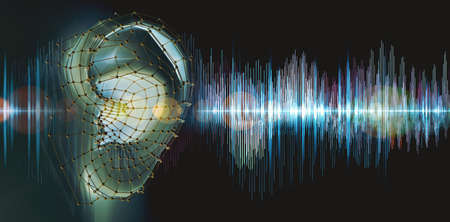 Hearing test showing ear and sound waves.