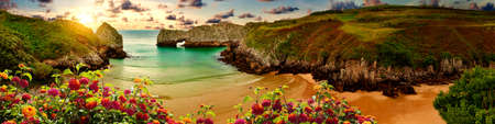 Stunning scenery of coastline, beach and cliffs in Cantabria, Spainの写真素材