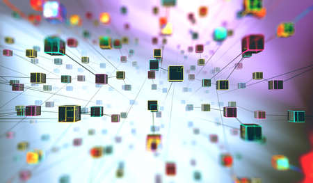 Cubes connected in dark space. Partner and networking design. Internet and data...