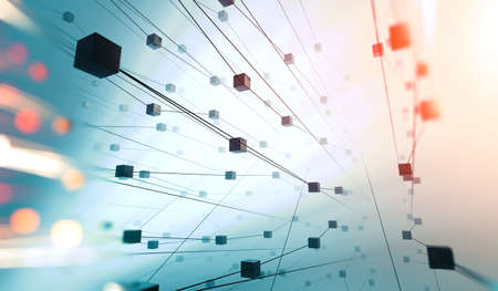 Cubes connected in dark space. Partner and networking design. Internet and data...