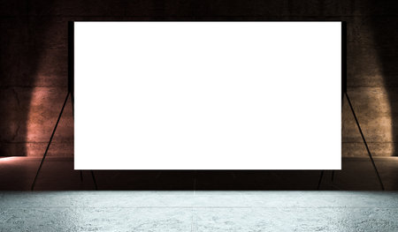 Presentation board, blank whiteboard for conference. Free space for advertising.Projection screen on stage. 3d illustrationの写真素材