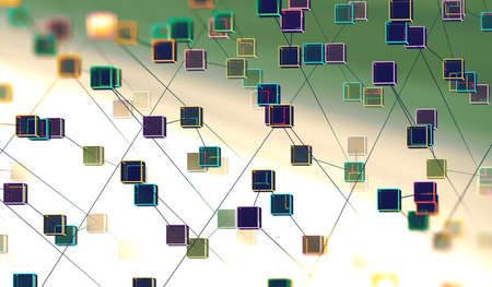Cubes connected in dark space. Partner and networking design. Internet and data...