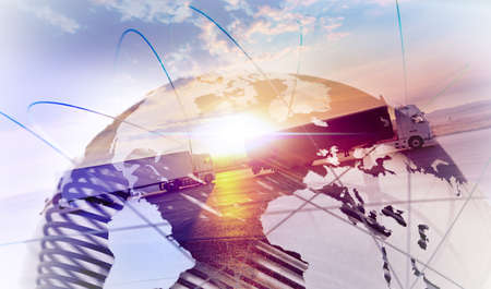 Abstract design background Trucks and lorry transport.Highway and delivering.World map and international freight.の写真素材