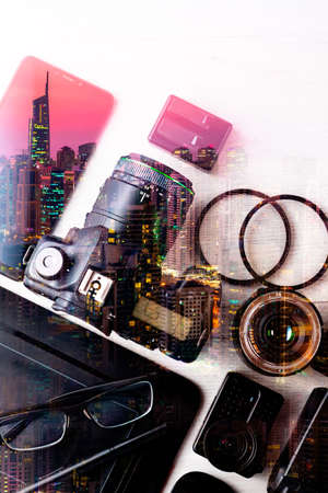 Concept photography background with double exposure. Modern photojournalism and city.の写真素材