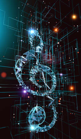 Abstract Colorful music concept with notes and clef, futuristic abstract glowing music network background. Abstract digital music background.Cloud music.3d illustrationの写真素材