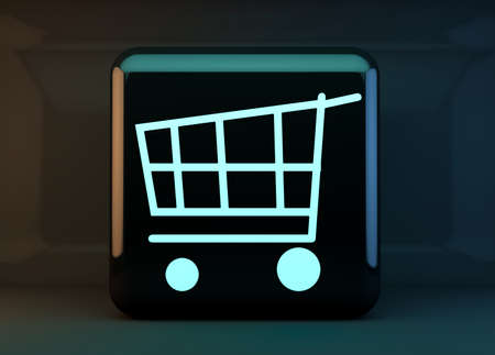 Concept of buying online or on the internet.Button or cube with shopping cart over black background. Icon or shopping cart symbol. 3d illustration.の写真素材