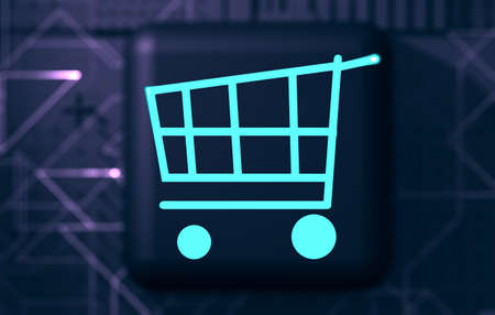 Concept of buying online or on the internet.Button or cube with shopping cart over black background. Icon or shopping cart symbol. 3d illustration.の写真素材