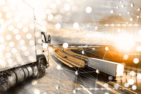 Future logistics industry and shipments of merchandise concept. Abstract design background Trucks and transport. Highway and delivering.の写真素材