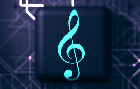 Concept of music online or on the internet.Button or cube with bass clef over black background. Icon...