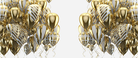 Elegant helium balloons flying on white background for announcements, birthdays and invitations.3d illustration.Festive and celebration background. Gold and golden balloons.の写真素材