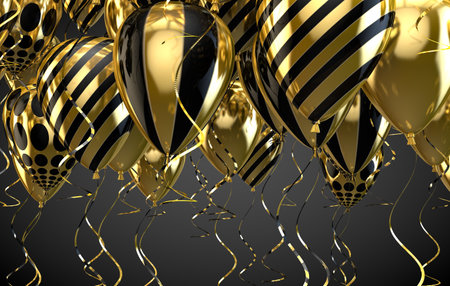 Elegant helium balloons flying on black background for announcements, birthdays and invitations. 3d illustration.の写真素材