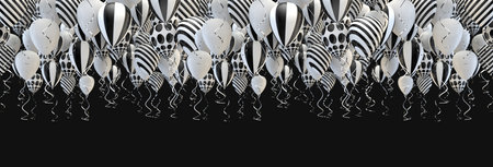 Elegant helium balloons flying on black background for announcements, birthdays and invitations. 3d illustration.の写真素材
