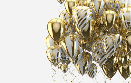 Elegant helium balloons flying on white background for announcements, birthdays and invitations. 3d illustration.の写真素材