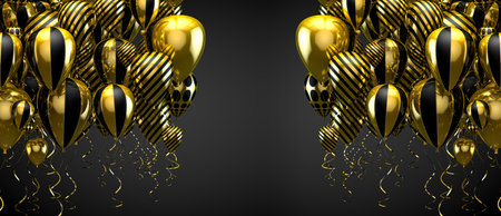 Elegant helium balloons flying on black background for announcements, birthdays and invitations. 3d illustration.の写真素材