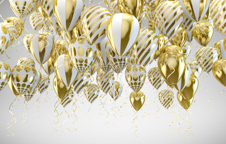 Elegant helium balloons flying on white background for announcements, birthdays and invitations.3d illustration.Festive and celebration background. Gold and golden balloons.の写真素材
