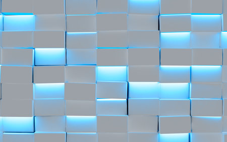 Geometric shapes and blue neon modern lights blank background.の写真素材