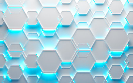 Geometric shapes and blue neon modern lights blank background.の写真素材