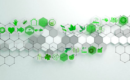 Geometric shapes in white and green color. Futuristic ecological and business background.の写真素材