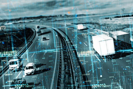 Car and trucks driving on a highway with technology assistant tracking information. Autonomous car. Driverless car. Self driving vehicle.の写真素材