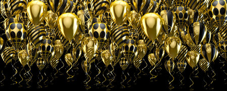 Elegant helium balloons flying on black background for announcements, birthdays and invitations. 3d illustration.の写真素材