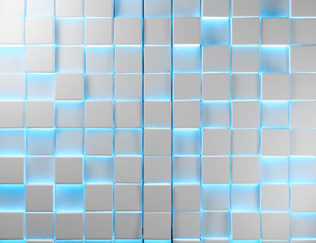 Geometric shapes and blue neon modern lights blank background.の写真素材