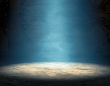 Interior floor and wall background illuminated by spotlight.Empty dark room and fog.3d illustration.の写真素材
