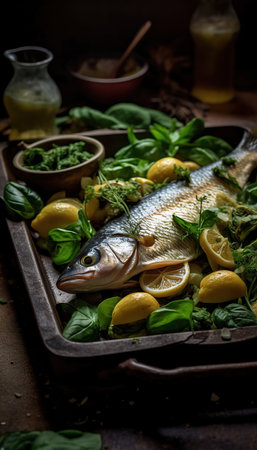 Seafood recipes. Moody Elegance, Rustic Charm, Soft lighting. Luxurious, dark tones, Elegant plating. Ai generated.の素材