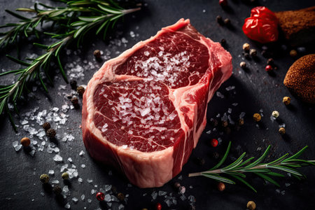 Still life raw thick rib over black background from above. Ai generated.の素材