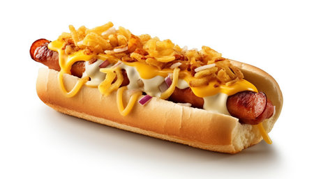 Hot dog with onion and sauces on white background. Ai generated.の素材