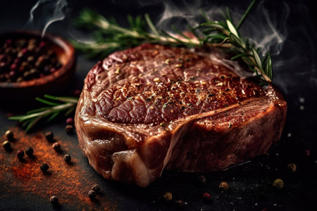 Still life raw thick rib over black background from above. Ai generated.の素材