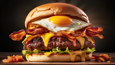 Beef with grilled egg, fresh lettuce, melted cheese and crispy bacon. Ai generated.の素材