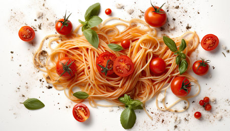 Spaghetti with tomato, cheese and basil on a white background. Ai generated.の素材