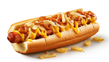 Hot dog with onion and sauces on white background. Ai generated.の素材