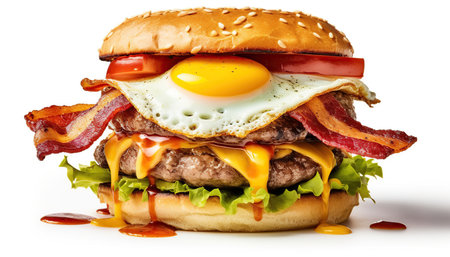 Beef with grilled egg, fresh lettuce, melted cheese and crispy bacon. Ai generated.の素材
