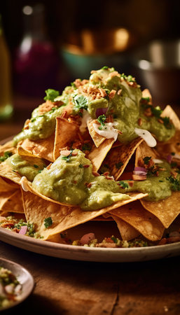 Mexican nachos, mexican food. Moody Elegance, Rustic Charm, Soft and dreamy lighting, Warm and muted colors, Warm Earthy Tonesの素材