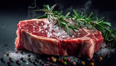 Still life raw thick rib over black background from above. Ai generated.の素材