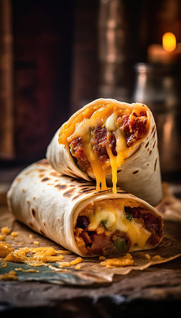 Beef burrito, mexican food. Moody Elegance, Rustic Charm, Soft and dreamy lighting, Warm and muted colors, Warm Earthy Tonesの素材